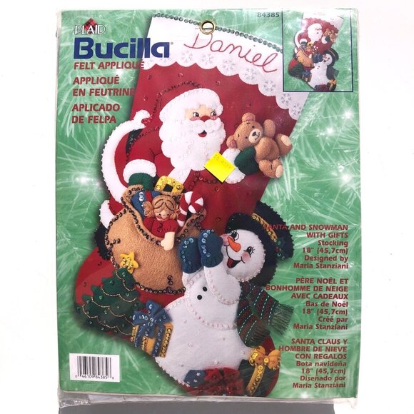Bucilla Christmas Stocking Kit SANTA AND SNOWMAN WITH GIFTS 84385 Felt Applique - Picture 1 of 4